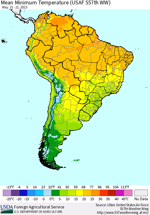South America Mean Minimum Temperature (USAF 557th WW) Thematic Map For 5/15/2023 - 5/21/2023
