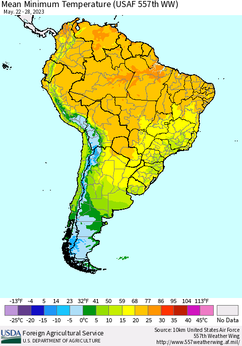 South America Mean Minimum Temperature (USAF 557th WW) Thematic Map For 5/22/2023 - 5/28/2023