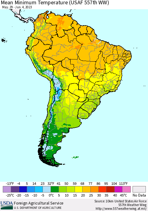 South America Mean Minimum Temperature (USAF 557th WW) Thematic Map For 5/29/2023 - 6/4/2023
