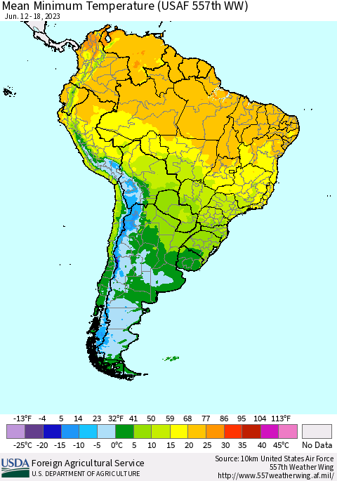 South America Mean Minimum Temperature (USAF 557th WW) Thematic Map For 6/12/2023 - 6/18/2023
