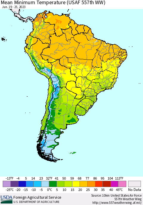 South America Mean Minimum Temperature (USAF 557th WW) Thematic Map For 6/19/2023 - 6/25/2023