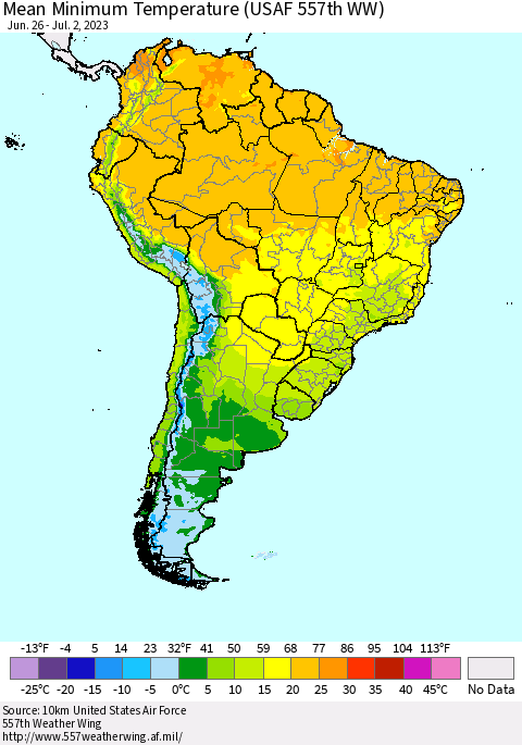 South America Mean Minimum Temperature (USAF 557th WW) Thematic Map For 6/26/2023 - 7/2/2023