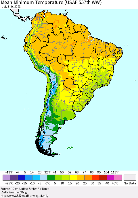 South America Mean Minimum Temperature (USAF 557th WW) Thematic Map For 7/3/2023 - 7/9/2023