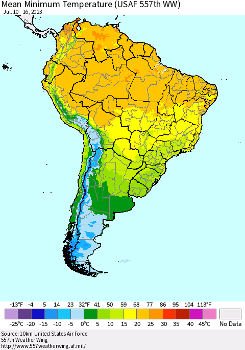 South America Mean Minimum Temperature (USAF 557th WW) Thematic Map For 7/10/2023 - 7/16/2023