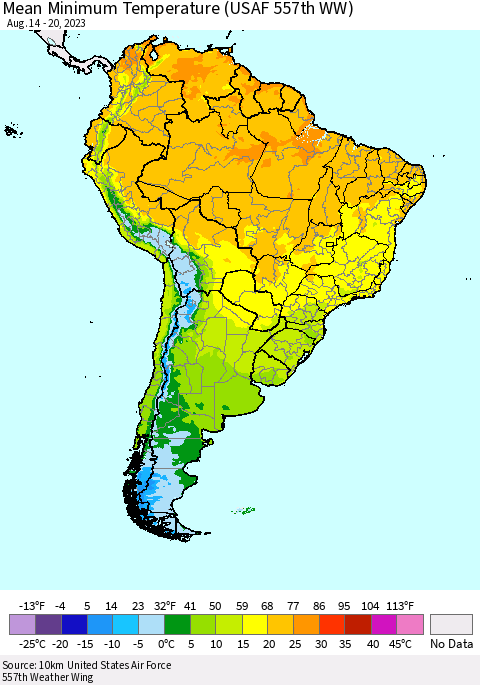 South America Mean Minimum Temperature (USAF 557th WW) Thematic Map For 8/14/2023 - 8/20/2023