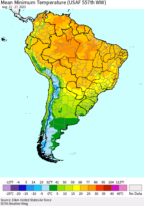 South America Mean Minimum Temperature (USAF 557th WW) Thematic Map For 8/21/2023 - 8/27/2023
