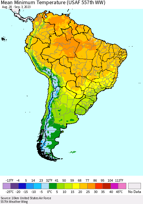 South America Mean Minimum Temperature (USAF 557th WW) Thematic Map For 8/28/2023 - 9/3/2023