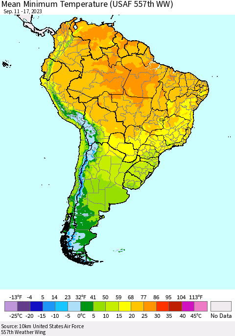 South America Mean Minimum Temperature (USAF 557th WW) Thematic Map For 9/11/2023 - 9/17/2023