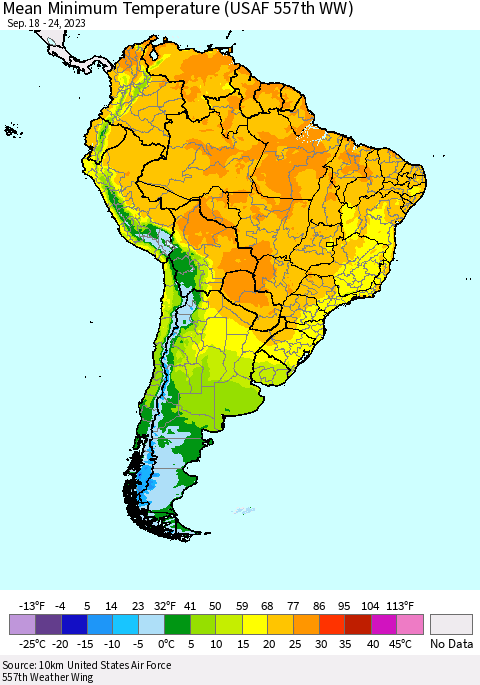 South America Mean Minimum Temperature (USAF 557th WW) Thematic Map For 9/18/2023 - 9/24/2023