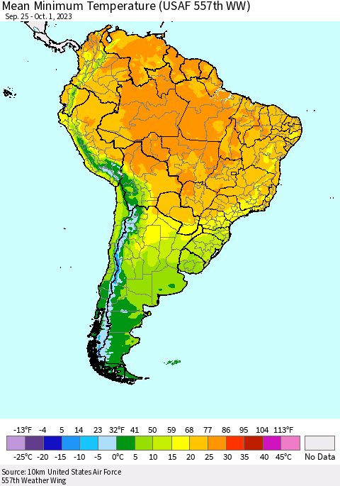 South America Mean Minimum Temperature (USAF 557th WW) Thematic Map For 9/25/2023 - 10/1/2023