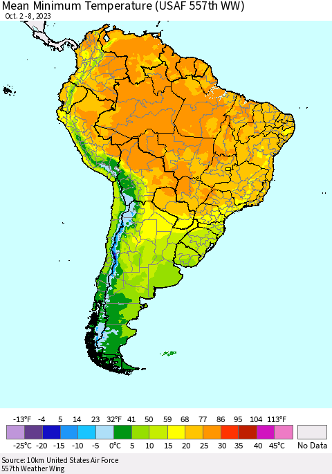 South America Mean Minimum Temperature (USAF 557th WW) Thematic Map For 10/2/2023 - 10/8/2023