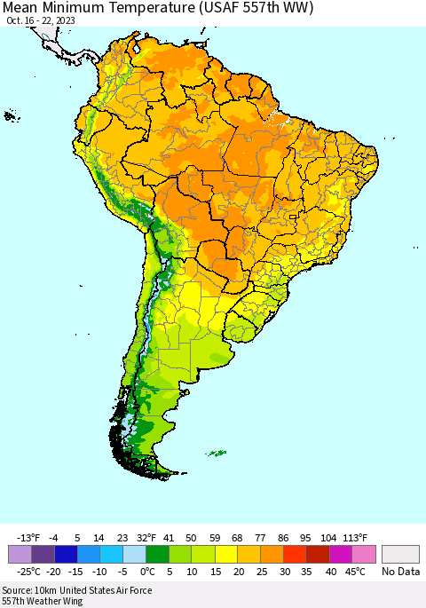 South America Mean Minimum Temperature (USAF 557th WW) Thematic Map For 10/16/2023 - 10/22/2023