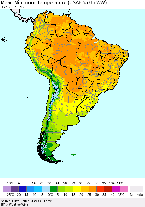 South America Mean Minimum Temperature (USAF 557th WW) Thematic Map For 10/23/2023 - 10/29/2023