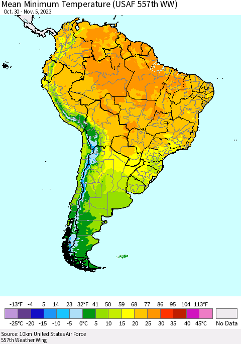 South America Mean Minimum Temperature (USAF 557th WW) Thematic Map For 10/30/2023 - 11/5/2023