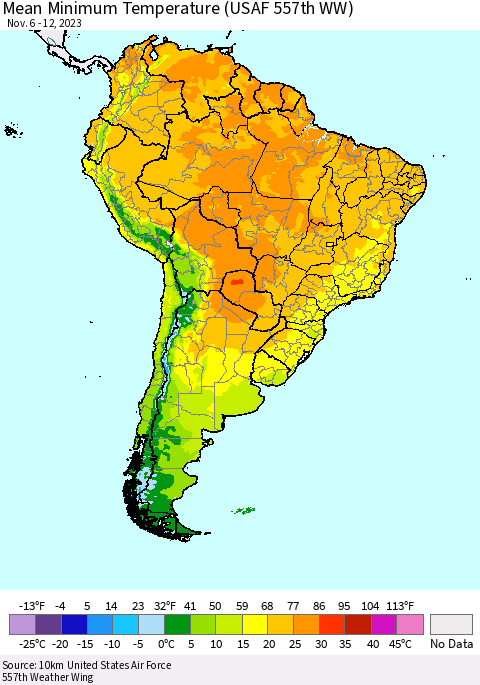 South America Mean Minimum Temperature (USAF 557th WW) Thematic Map For 11/6/2023 - 11/12/2023