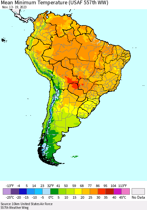South America Mean Minimum Temperature (USAF 557th WW) Thematic Map For 11/13/2023 - 11/19/2023