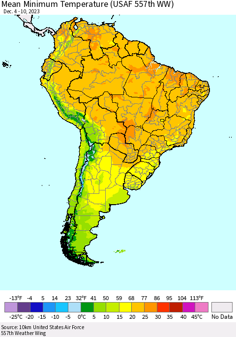 South America Mean Minimum Temperature (USAF 557th WW) Thematic Map For 12/4/2023 - 12/10/2023