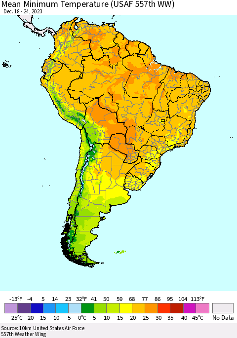 South America Mean Minimum Temperature (USAF 557th WW) Thematic Map For 12/18/2023 - 12/24/2023
