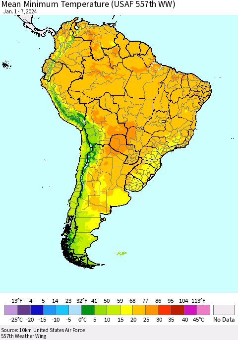 South America Mean Minimum Temperature (USAF 557th WW) Thematic Map For 1/1/2024 - 1/7/2024