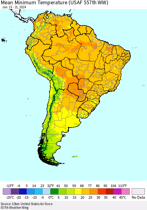 South America Mean Minimum Temperature (USAF 557th WW) Thematic Map For 1/15/2024 - 1/21/2024