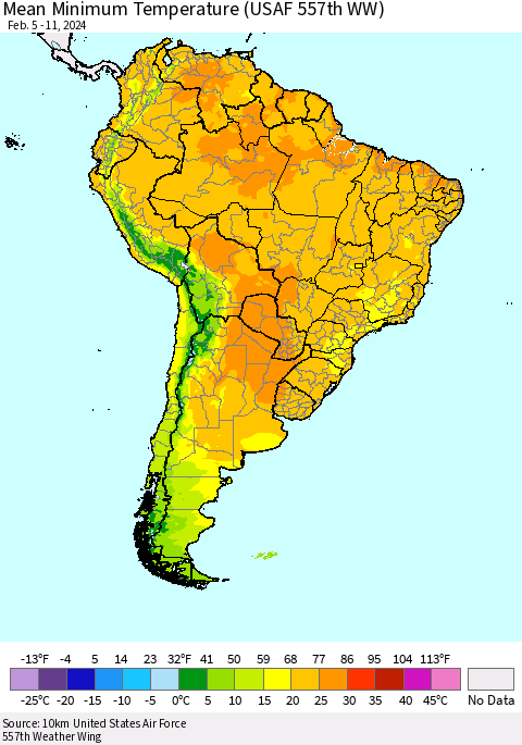 South America Mean Minimum Temperature (USAF 557th WW) Thematic Map For 2/5/2024 - 2/11/2024