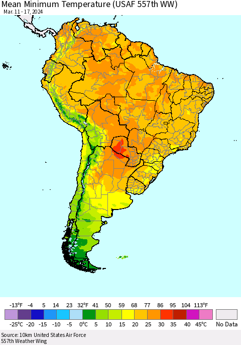 South America Mean Minimum Temperature (USAF 557th WW) Thematic Map For 3/11/2024 - 3/17/2024