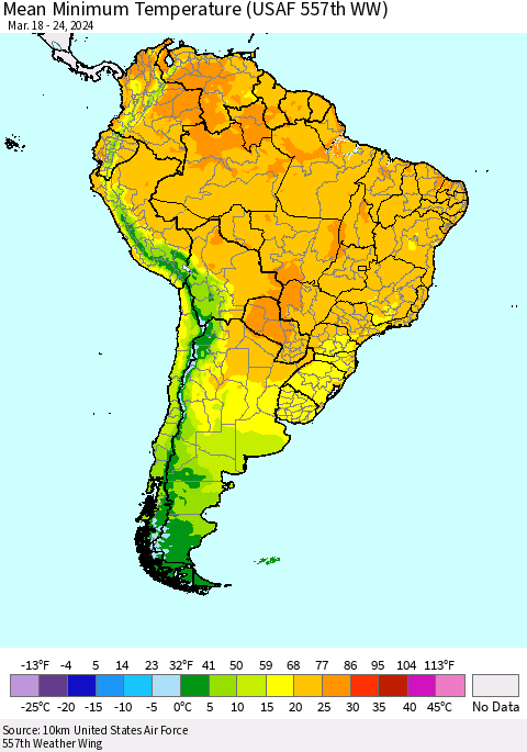 South America Mean Minimum Temperature (USAF 557th WW) Thematic Map For 3/18/2024 - 3/24/2024