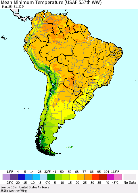 South America Mean Minimum Temperature (USAF 557th WW) Thematic Map For 3/25/2024 - 3/31/2024