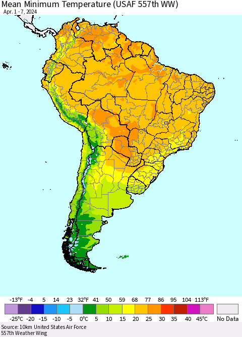 South America Mean Minimum Temperature (USAF 557th WW) Thematic Map For 4/1/2024 - 4/7/2024