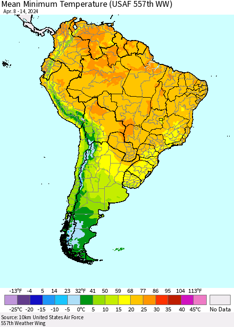 South America Mean Minimum Temperature (USAF 557th WW) Thematic Map For 4/8/2024 - 4/14/2024