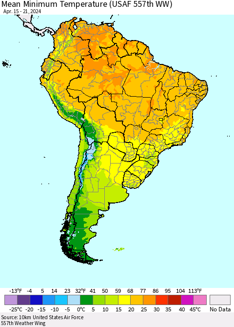 South America Mean Minimum Temperature (USAF 557th WW) Thematic Map For 4/15/2024 - 4/21/2024