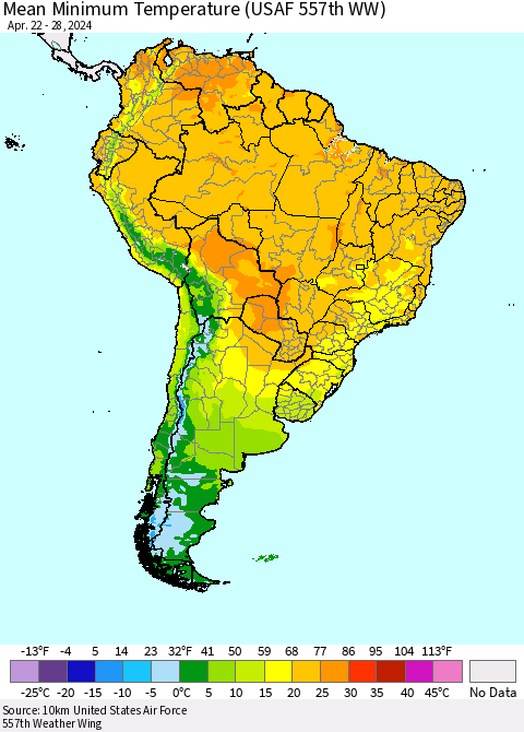 South America Mean Minimum Temperature (USAF 557th WW) Thematic Map For 4/22/2024 - 4/28/2024
