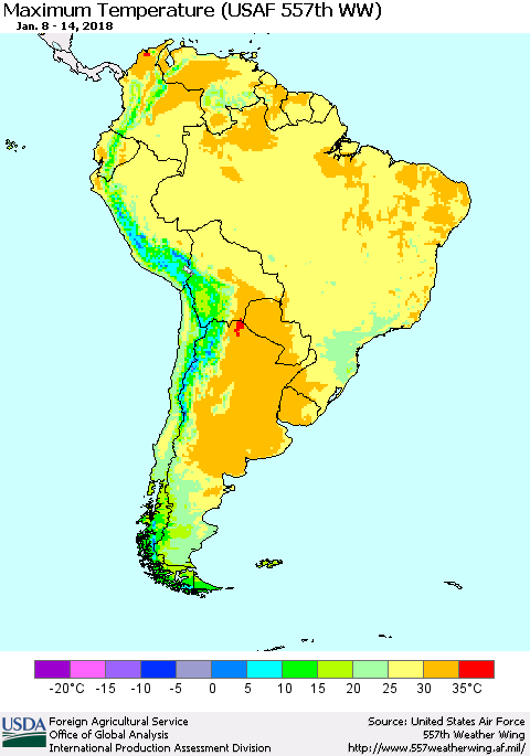 South America Mean Maximum Temperature (USAF 557th WW) Thematic Map For 1/8/2018 - 1/14/2018