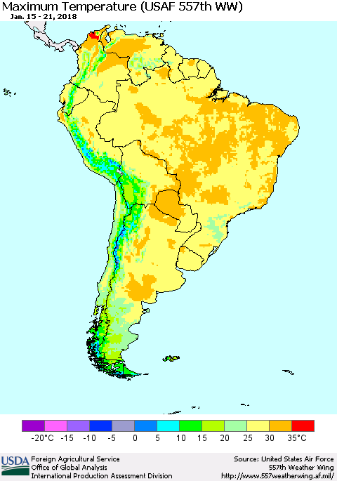 South America Mean Maximum Temperature (USAF 557th WW) Thematic Map For 1/15/2018 - 1/21/2018