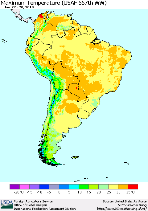 South America Mean Maximum Temperature (USAF 557th WW) Thematic Map For 1/22/2018 - 1/28/2018
