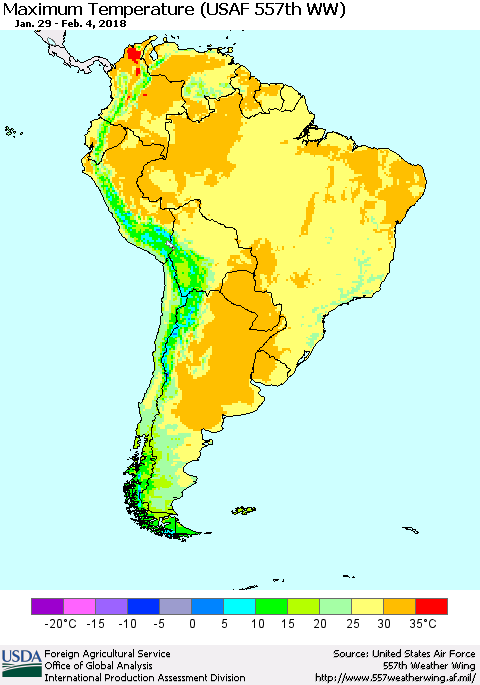 South America Mean Maximum Temperature (USAF 557th WW) Thematic Map For 1/29/2018 - 2/4/2018