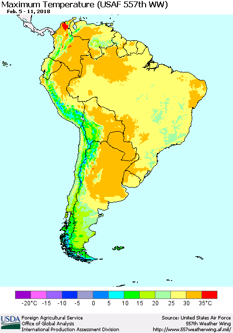 South America Mean Maximum Temperature (USAF 557th WW) Thematic Map For 2/5/2018 - 2/11/2018