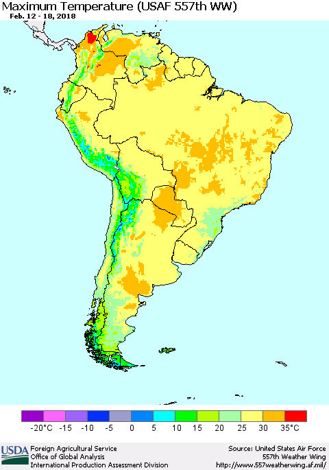 South America Mean Maximum Temperature (USAF 557th WW) Thematic Map For 2/12/2018 - 2/18/2018