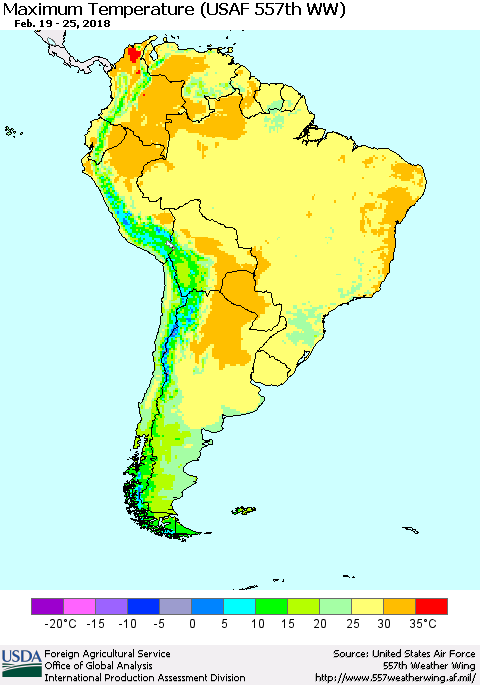 South America Mean Maximum Temperature (USAF 557th WW) Thematic Map For 2/19/2018 - 2/25/2018