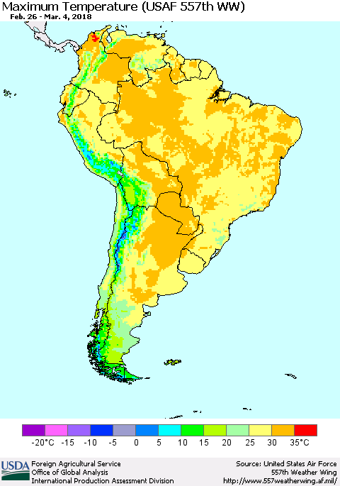 South America Mean Maximum Temperature (USAF 557th WW) Thematic Map For 2/26/2018 - 3/4/2018