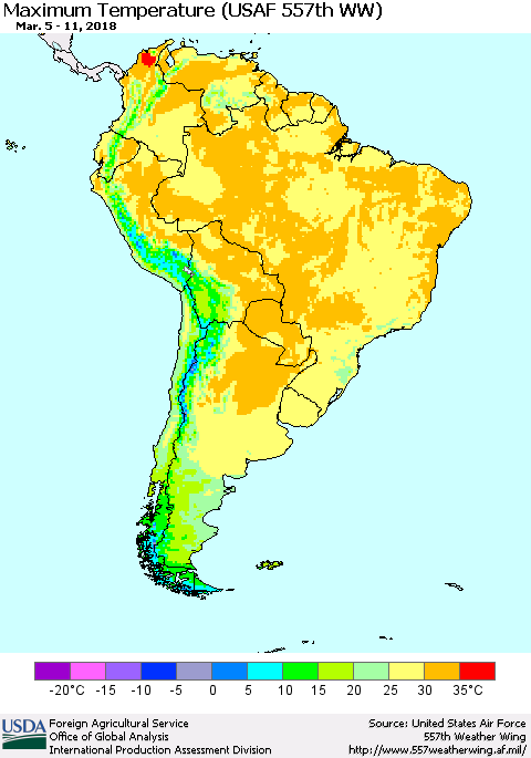South America Mean Maximum Temperature (USAF 557th WW) Thematic Map For 3/5/2018 - 3/11/2018