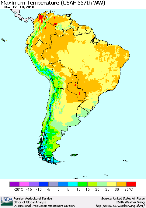 South America Mean Maximum Temperature (USAF 557th WW) Thematic Map For 3/12/2018 - 3/18/2018