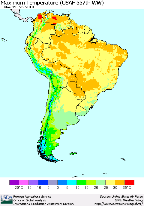 South America Mean Maximum Temperature (USAF 557th WW) Thematic Map For 3/19/2018 - 3/25/2018