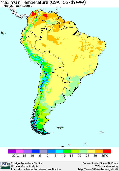 South America Mean Maximum Temperature (USAF 557th WW) Thematic Map For 3/26/2018 - 4/1/2018