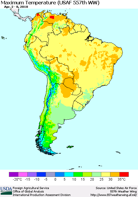 South America Mean Maximum Temperature (USAF 557th WW) Thematic Map For 4/2/2018 - 4/8/2018