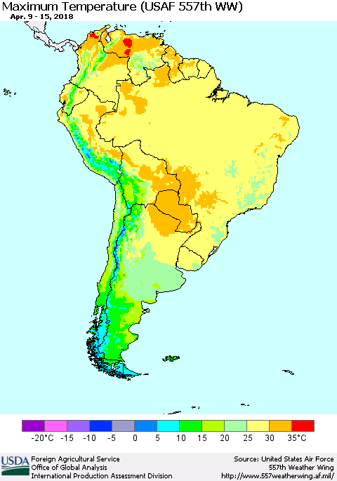South America Mean Maximum Temperature (USAF 557th WW) Thematic Map For 4/9/2018 - 4/15/2018