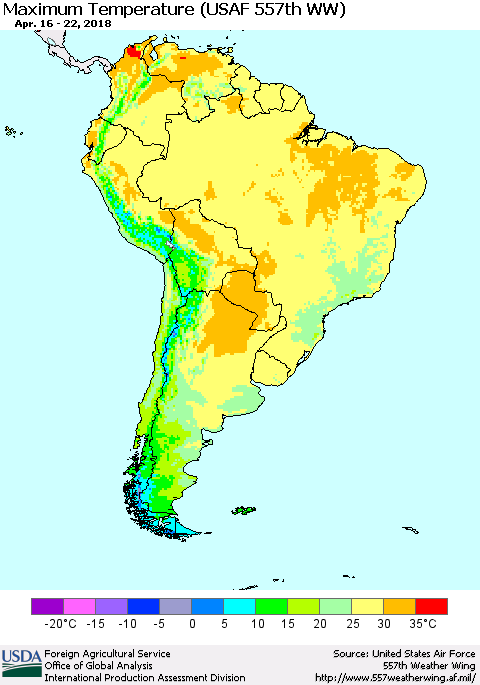 South America Mean Maximum Temperature (USAF 557th WW) Thematic Map For 4/16/2018 - 4/22/2018