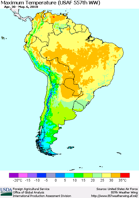 South America Mean Maximum Temperature (USAF 557th WW) Thematic Map For 4/30/2018 - 5/6/2018