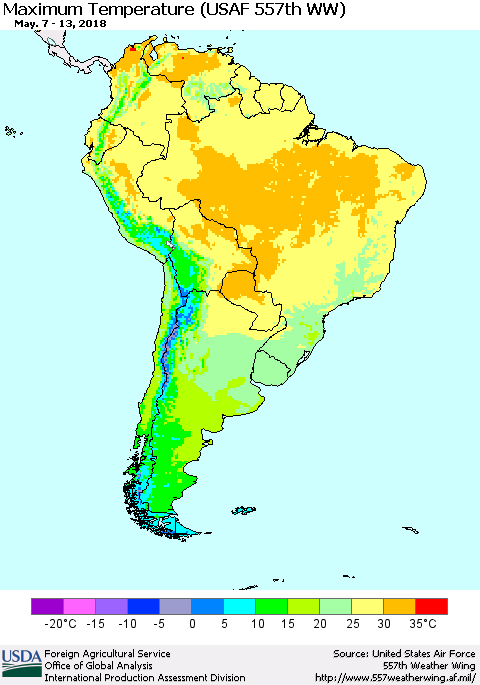 South America Mean Maximum Temperature (USAF 557th WW) Thematic Map For 5/7/2018 - 5/13/2018
