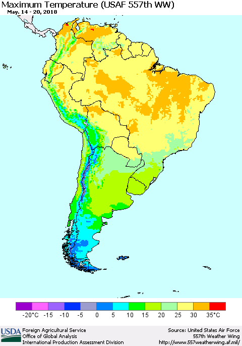 South America Mean Maximum Temperature (USAF 557th WW) Thematic Map For 5/14/2018 - 5/20/2018